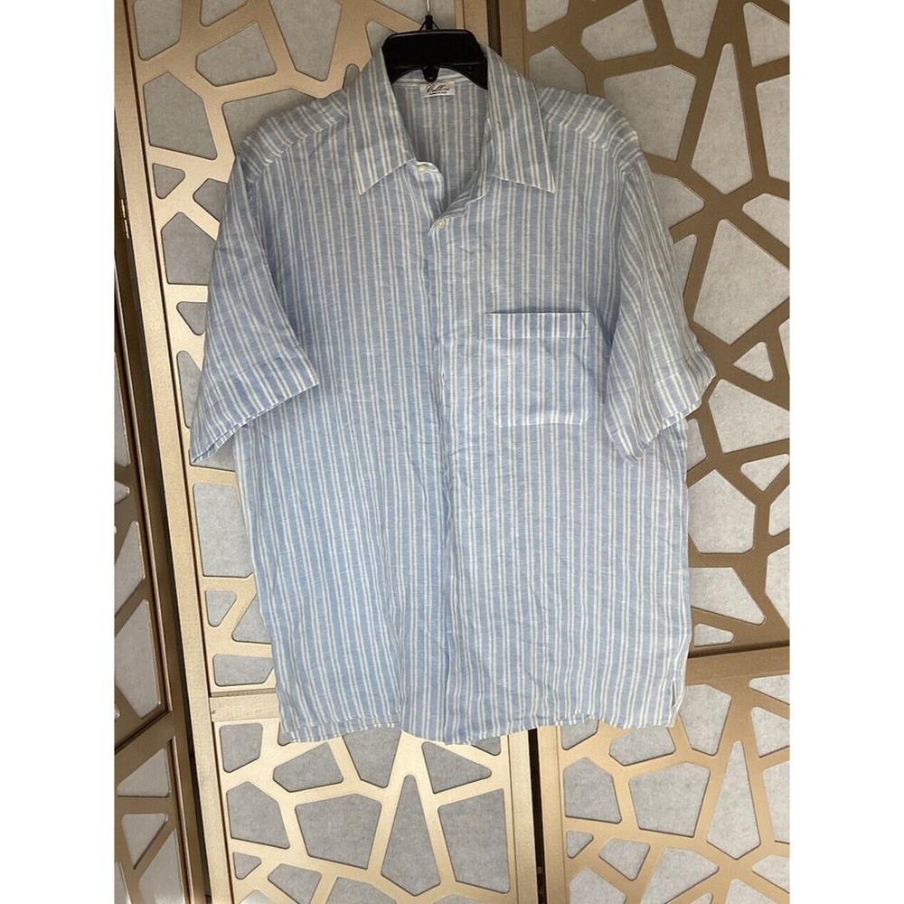 Cellini men Italy 54 Us XXL short sheeve shirt button down blue stripe lino Flax